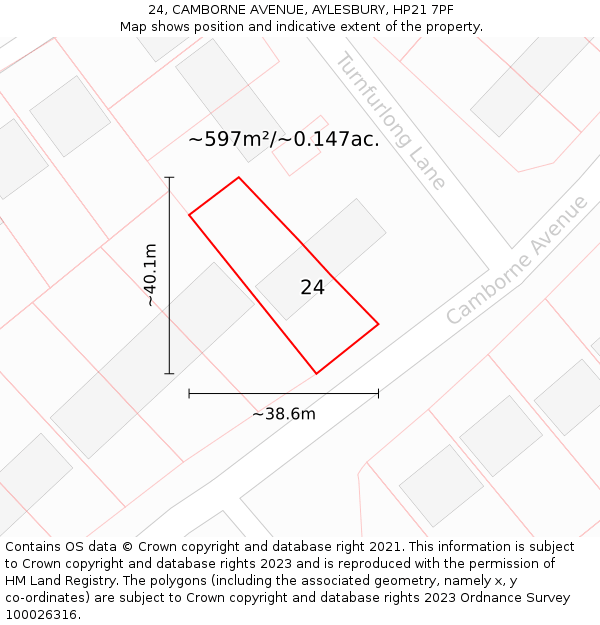 24, CAMBORNE AVENUE, AYLESBURY, HP21 7PF: Plot and title map