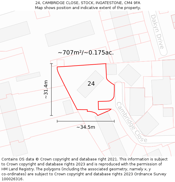 24, CAMBRIDGE CLOSE, STOCK, INGATESTONE, CM4 9FA: Plot and title map