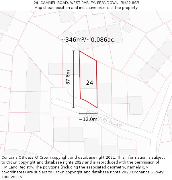 24, CAMMEL ROAD, WEST PARLEY, FERNDOWN, BH22 8SB: Plot and title map