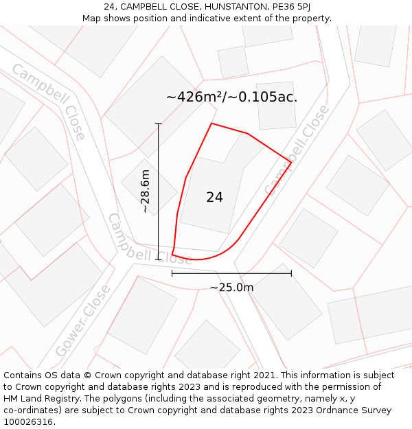 24, CAMPBELL CLOSE, HUNSTANTON, PE36 5PJ: Plot and title map