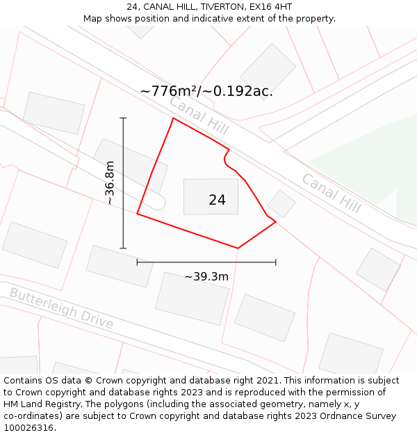 24, CANAL HILL, TIVERTON, EX16 4HT: Plot and title map