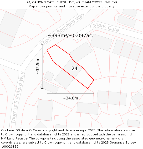 24, CANONS GATE, CHESHUNT, WALTHAM CROSS, EN8 0XP: Plot and title map