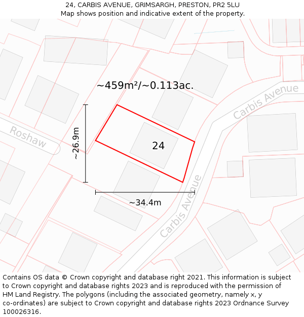 24, CARBIS AVENUE, GRIMSARGH, PRESTON, PR2 5LU: Plot and title map