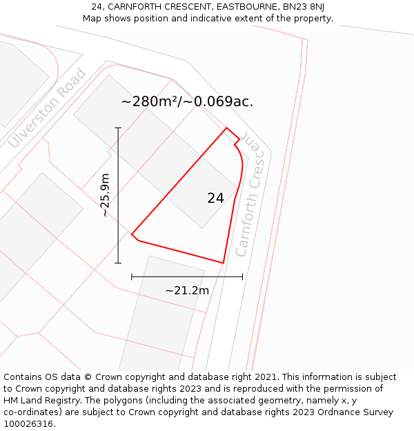 24, CARNFORTH CRESCENT, EASTBOURNE, BN23 8NJ: Plot and title map