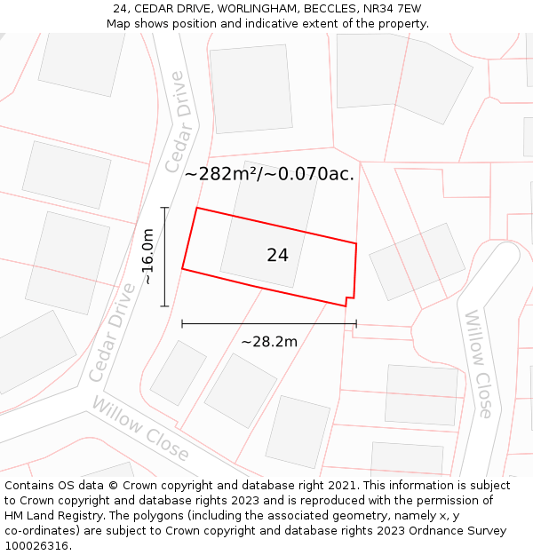24, CEDAR DRIVE, WORLINGHAM, BECCLES, NR34 7EW: Plot and title map