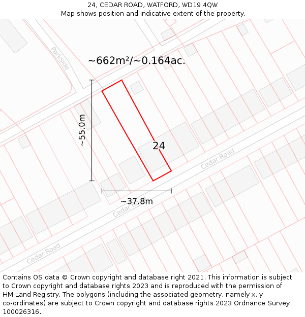 24, CEDAR ROAD, WATFORD, WD19 4QW: Plot and title map