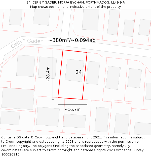 24, CEFN Y GADER, MORFA BYCHAN, PORTHMADOG, LL49 9JA: Plot and title map