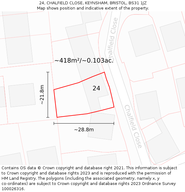 24, CHALFIELD CLOSE, KEYNSHAM, BRISTOL, BS31 1JZ: Plot and title map