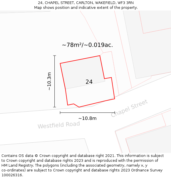 24, CHAPEL STREET, CARLTON, WAKEFIELD, WF3 3RN: Plot and title map