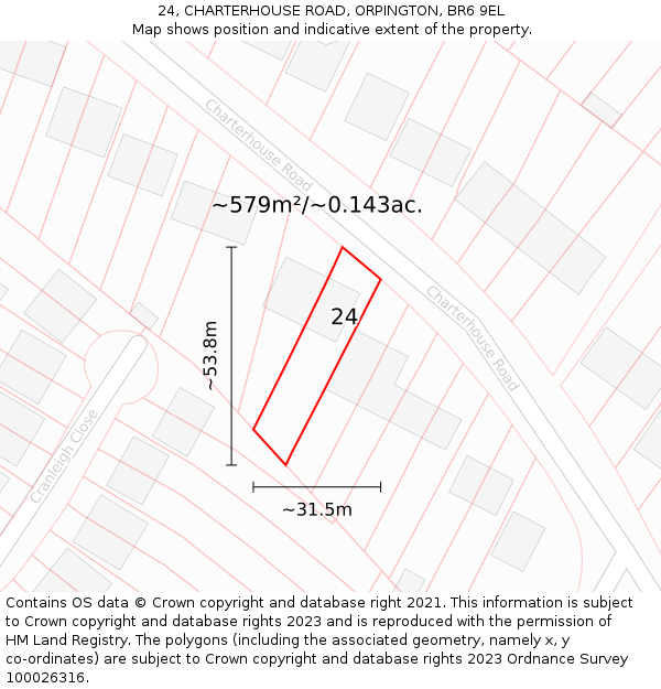 24, CHARTERHOUSE ROAD, ORPINGTON, BR6 9EL: Plot and title map