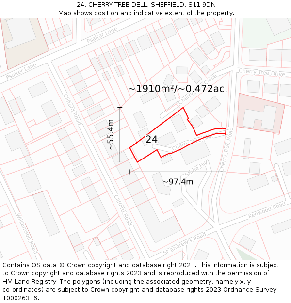 24, CHERRY TREE DELL, SHEFFIELD, S11 9DN: Plot and title map