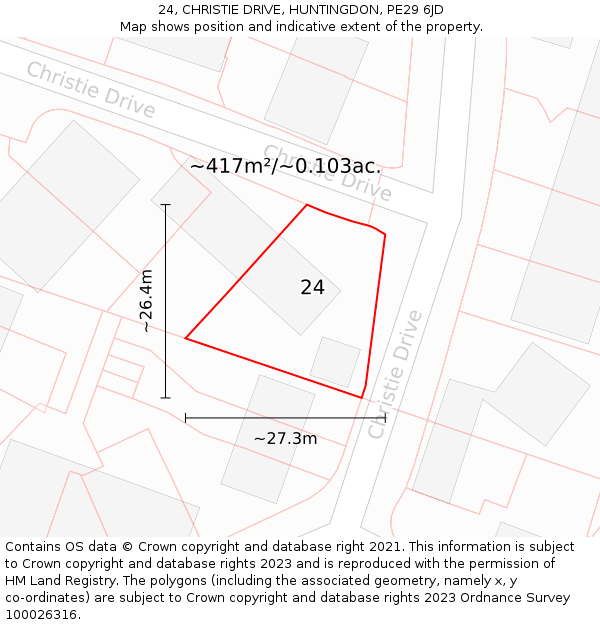 24, CHRISTIE DRIVE, HUNTINGDON, PE29 6JD: Plot and title map