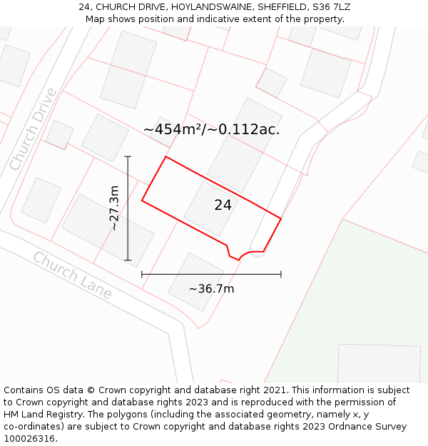 24, CHURCH DRIVE, HOYLANDSWAINE, SHEFFIELD, S36 7LZ: Plot and title map