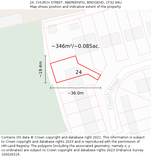 24, CHURCH STREET, ABERKENFIG, BRIDGEND, CF32 9AU: Plot and title map