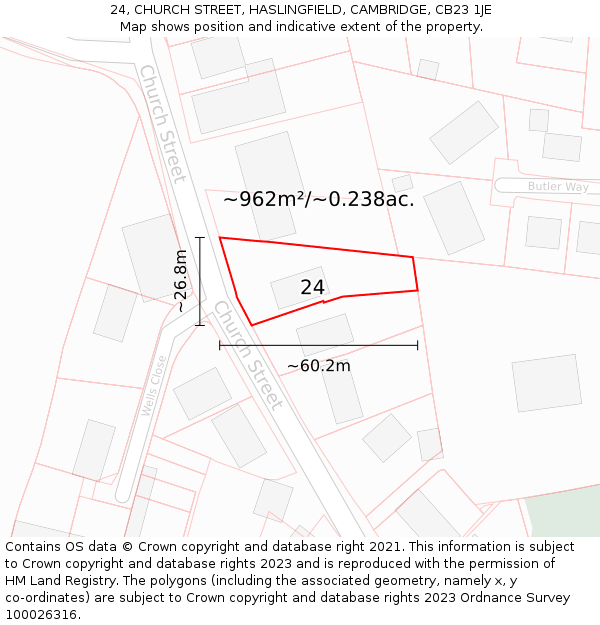 24, CHURCH STREET, HASLINGFIELD, CAMBRIDGE, CB23 1JE: Plot and title map