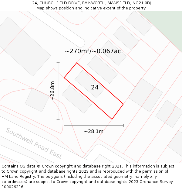 24, CHURCHFIELD DRIVE, RAINWORTH, MANSFIELD, NG21 0BJ: Plot and title map