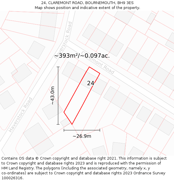 24, CLAREMONT ROAD, BOURNEMOUTH, BH9 3ES: Plot and title map