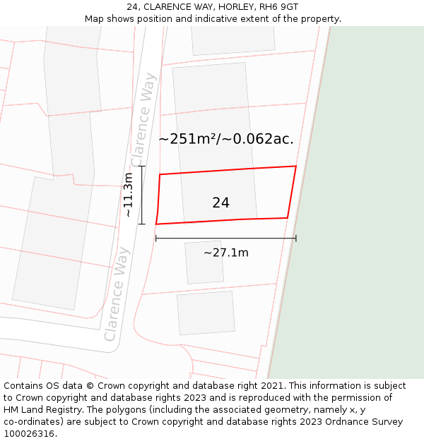 24, CLARENCE WAY, HORLEY, RH6 9GT: Plot and title map