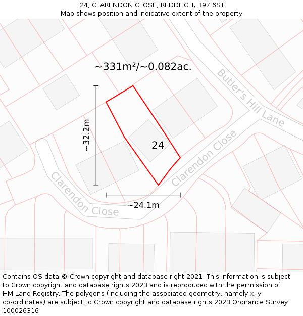 24, CLARENDON CLOSE, REDDITCH, B97 6ST: Plot and title map