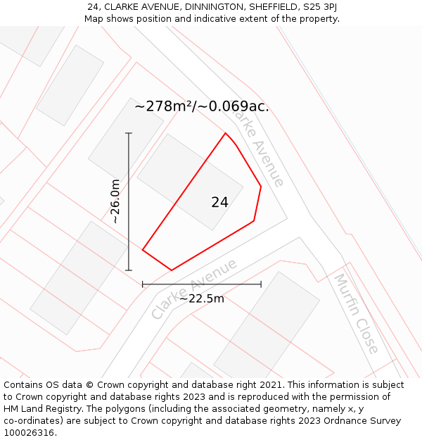 24, CLARKE AVENUE, DINNINGTON, SHEFFIELD, S25 3PJ: Plot and title map