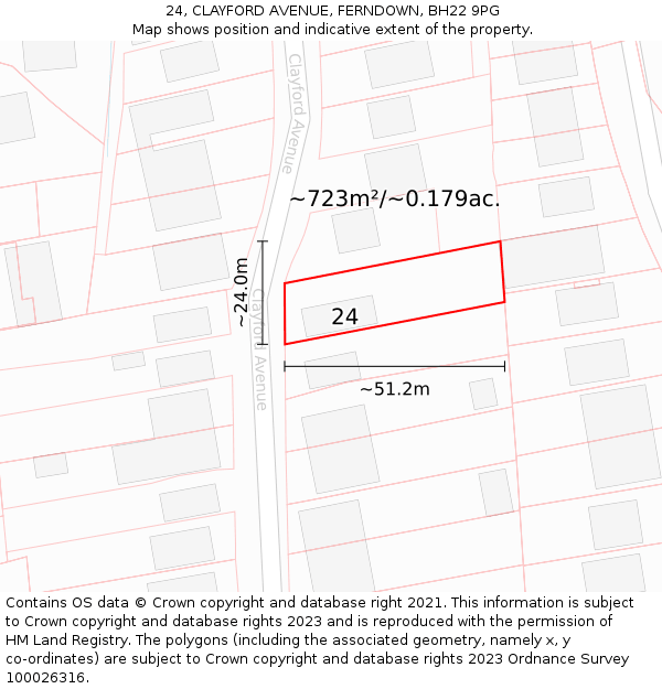24, CLAYFORD AVENUE, FERNDOWN, BH22 9PG: Plot and title map