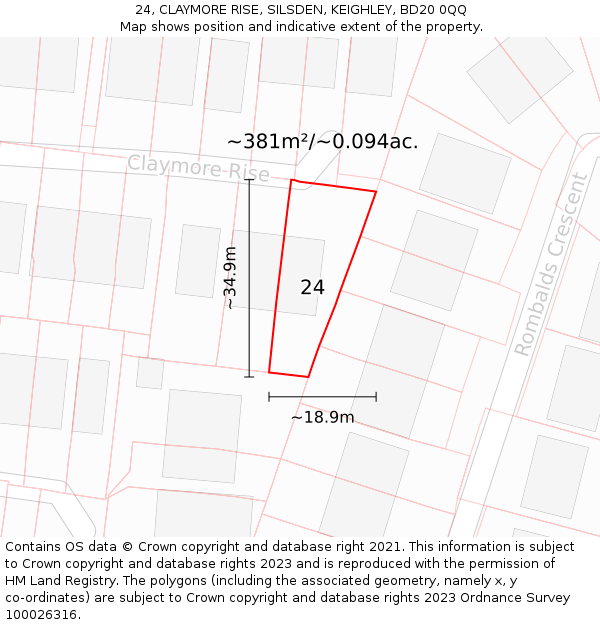 24, CLAYMORE RISE, SILSDEN, KEIGHLEY, BD20 0QQ: Plot and title map