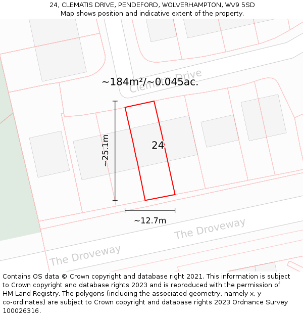 24, CLEMATIS DRIVE, PENDEFORD, WOLVERHAMPTON, WV9 5SD: Plot and title map