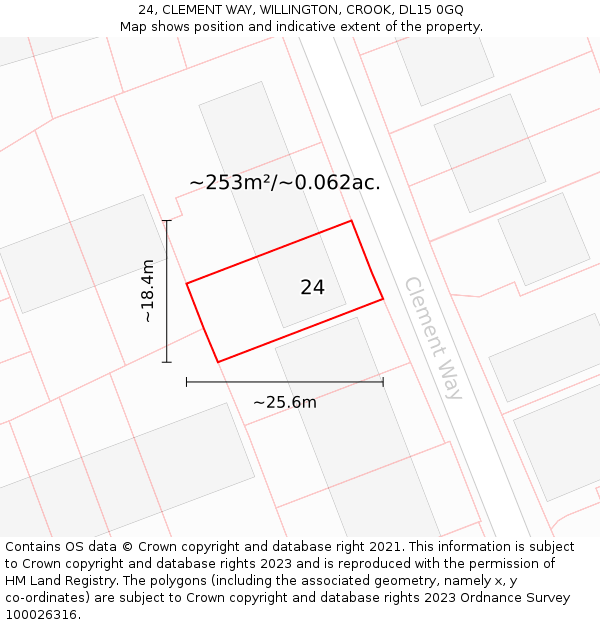 24, CLEMENT WAY, WILLINGTON, CROOK, DL15 0GQ: Plot and title map