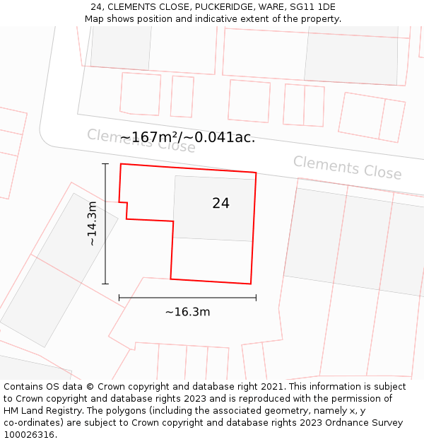 24, CLEMENTS CLOSE, PUCKERIDGE, WARE, SG11 1DE: Plot and title map