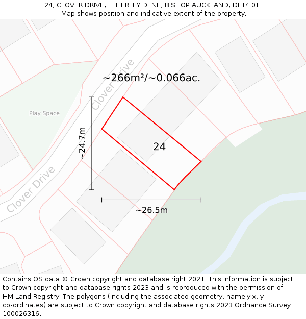 24, CLOVER DRIVE, ETHERLEY DENE, BISHOP AUCKLAND, DL14 0TT: Plot and title map
