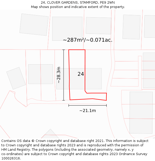 24, CLOVER GARDENS, STAMFORD, PE9 2WN: Plot and title map