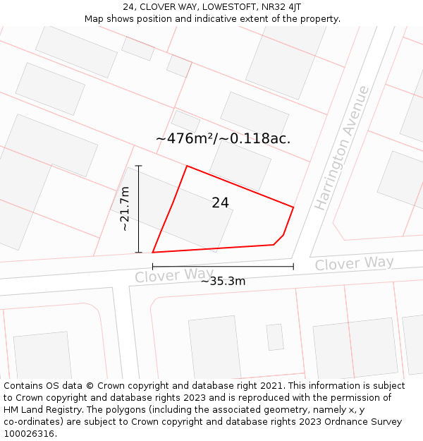 24, CLOVER WAY, LOWESTOFT, NR32 4JT: Plot and title map