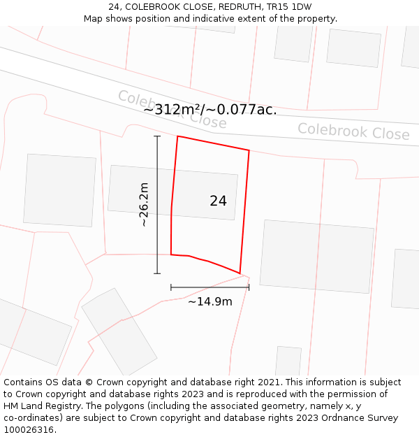 24, COLEBROOK CLOSE, REDRUTH, TR15 1DW: Plot and title map
