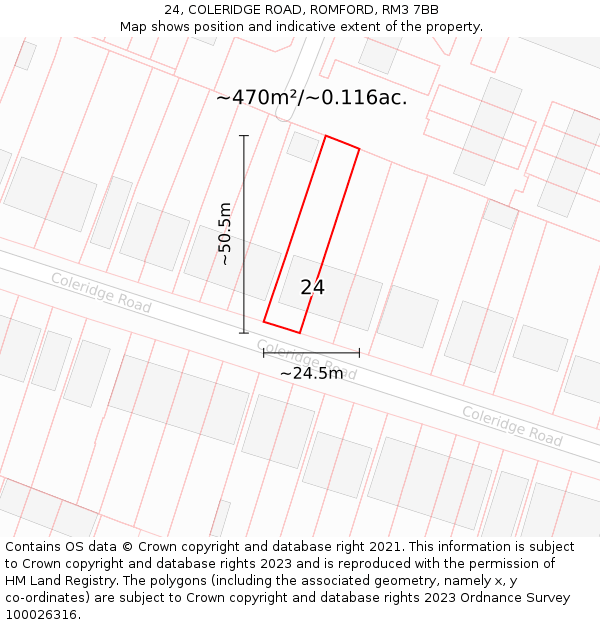 24, COLERIDGE ROAD, ROMFORD, RM3 7BB: Plot and title map