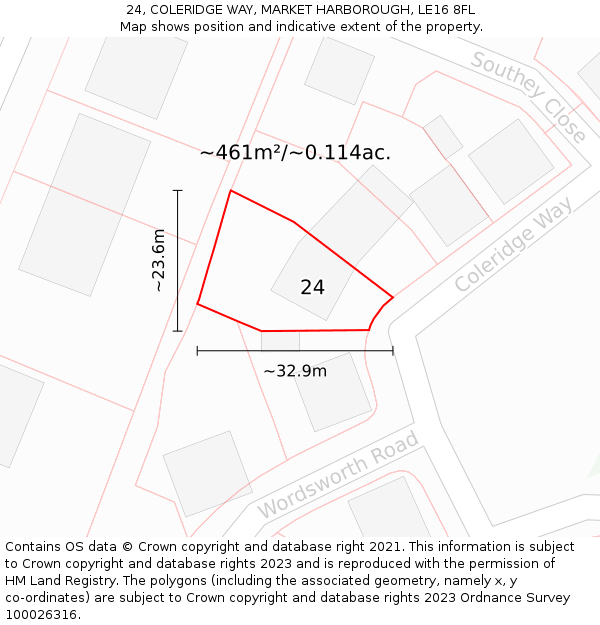 24, COLERIDGE WAY, MARKET HARBOROUGH, LE16 8FL: Plot and title map