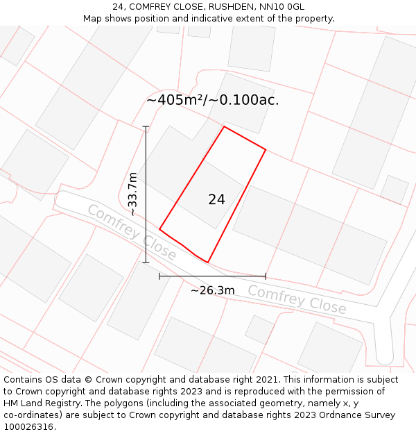 24, COMFREY CLOSE, RUSHDEN, NN10 0GL: Plot and title map