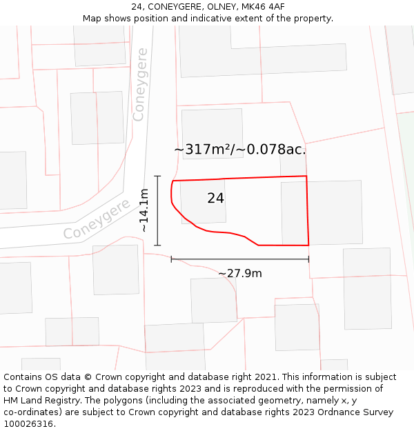 24, CONEYGERE, OLNEY, MK46 4AF: Plot and title map