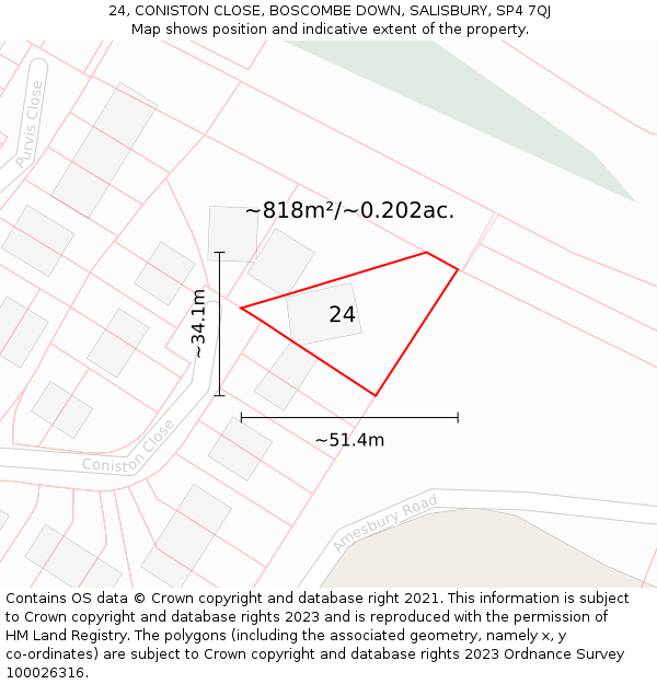 24, CONISTON CLOSE, BOSCOMBE DOWN, SALISBURY, SP4 7QJ: Plot and title map