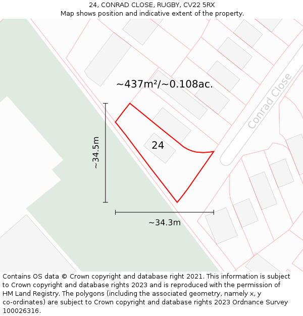 24, CONRAD CLOSE, RUGBY, CV22 5RX: Plot and title map