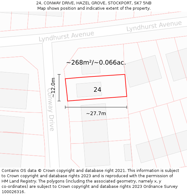 24, CONWAY DRIVE, HAZEL GROVE, STOCKPORT, SK7 5NB: Plot and title map