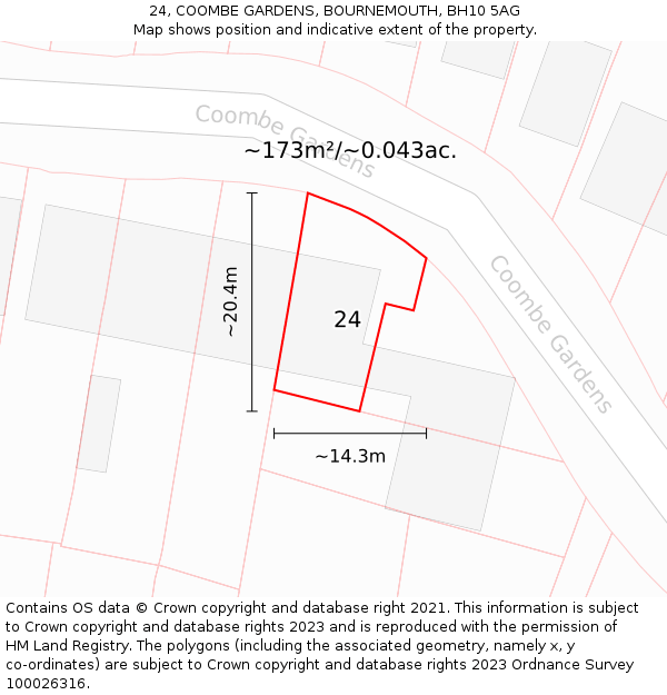 24, COOMBE GARDENS, BOURNEMOUTH, BH10 5AG: Plot and title map