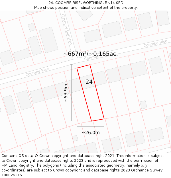 24, COOMBE RISE, WORTHING, BN14 0ED: Plot and title map
