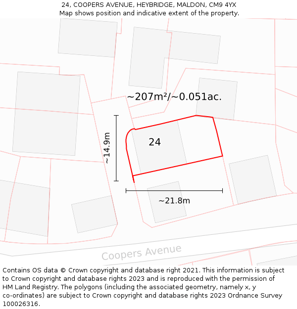24, COOPERS AVENUE, HEYBRIDGE, MALDON, CM9 4YX: Plot and title map