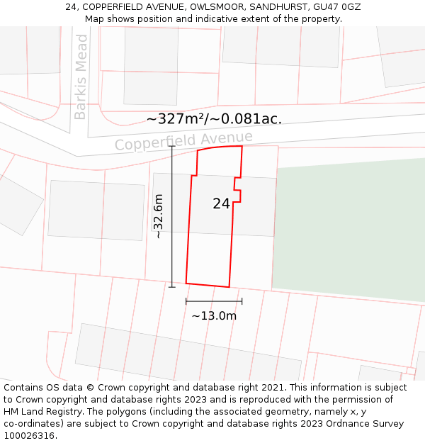 24, COPPERFIELD AVENUE, OWLSMOOR, SANDHURST, GU47 0GZ: Plot and title map