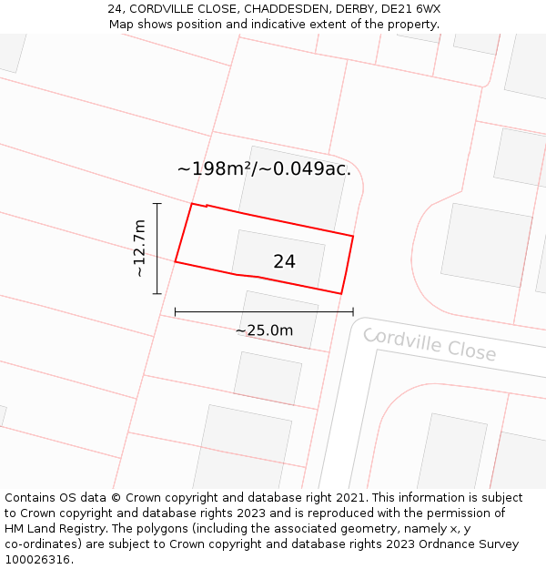 24, CORDVILLE CLOSE, CHADDESDEN, DERBY, DE21 6WX: Plot and title map