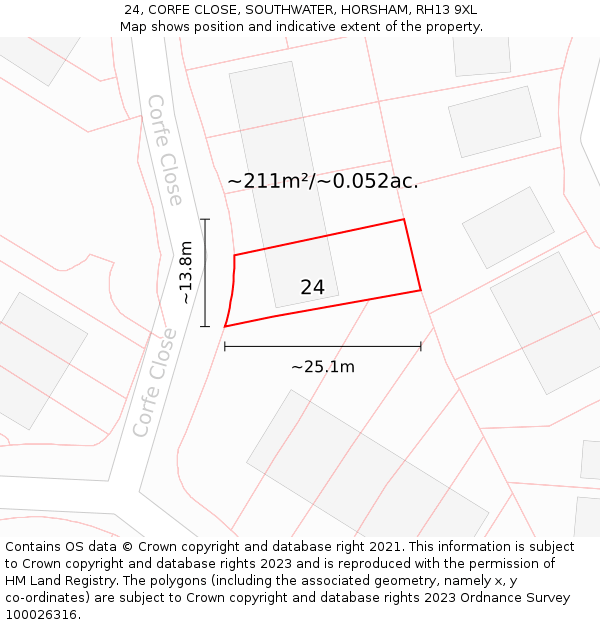 24, CORFE CLOSE, SOUTHWATER, HORSHAM, RH13 9XL: Plot and title map