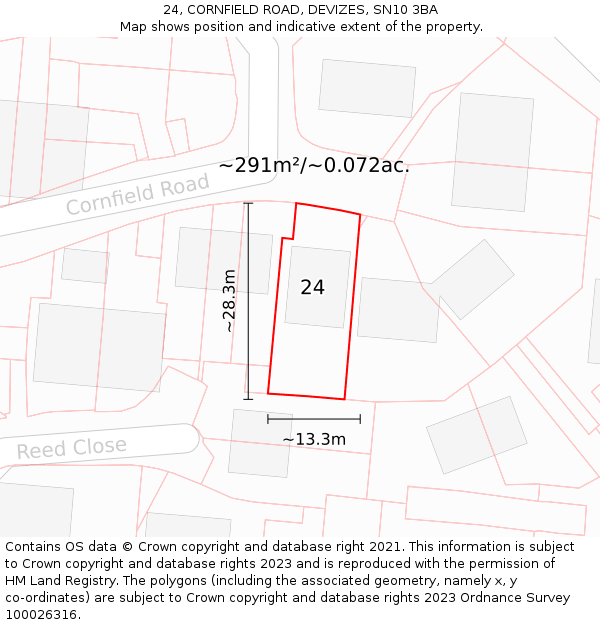 24, CORNFIELD ROAD, DEVIZES, SN10 3BA: Plot and title map