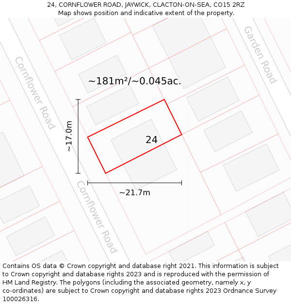 24, CORNFLOWER ROAD, JAYWICK, CLACTON-ON-SEA, CO15 2RZ: Plot and title map