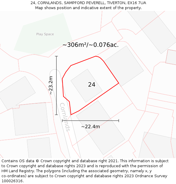 24, CORNLANDS, SAMPFORD PEVERELL, TIVERTON, EX16 7UA: Plot and title map