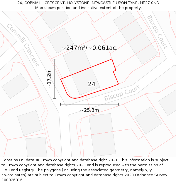 24, CORNMILL CRESCENT, HOLYSTONE, NEWCASTLE UPON TYNE, NE27 0ND: Plot and title map